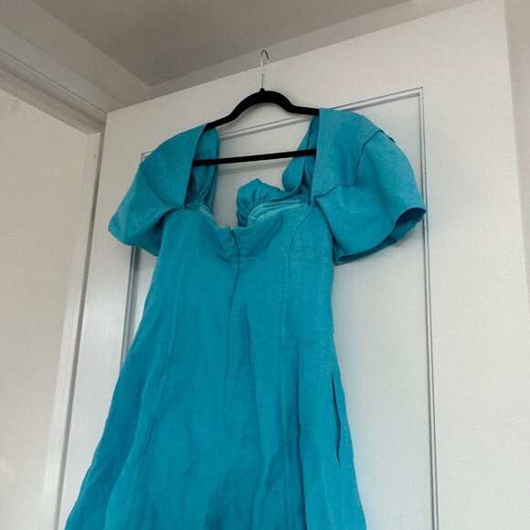 NWT Cult Gaia Asal Mini Dress In Nile Sz 8 Off-Shoulder Plunge Neck Puff Sleeve - Picture 8 of 9